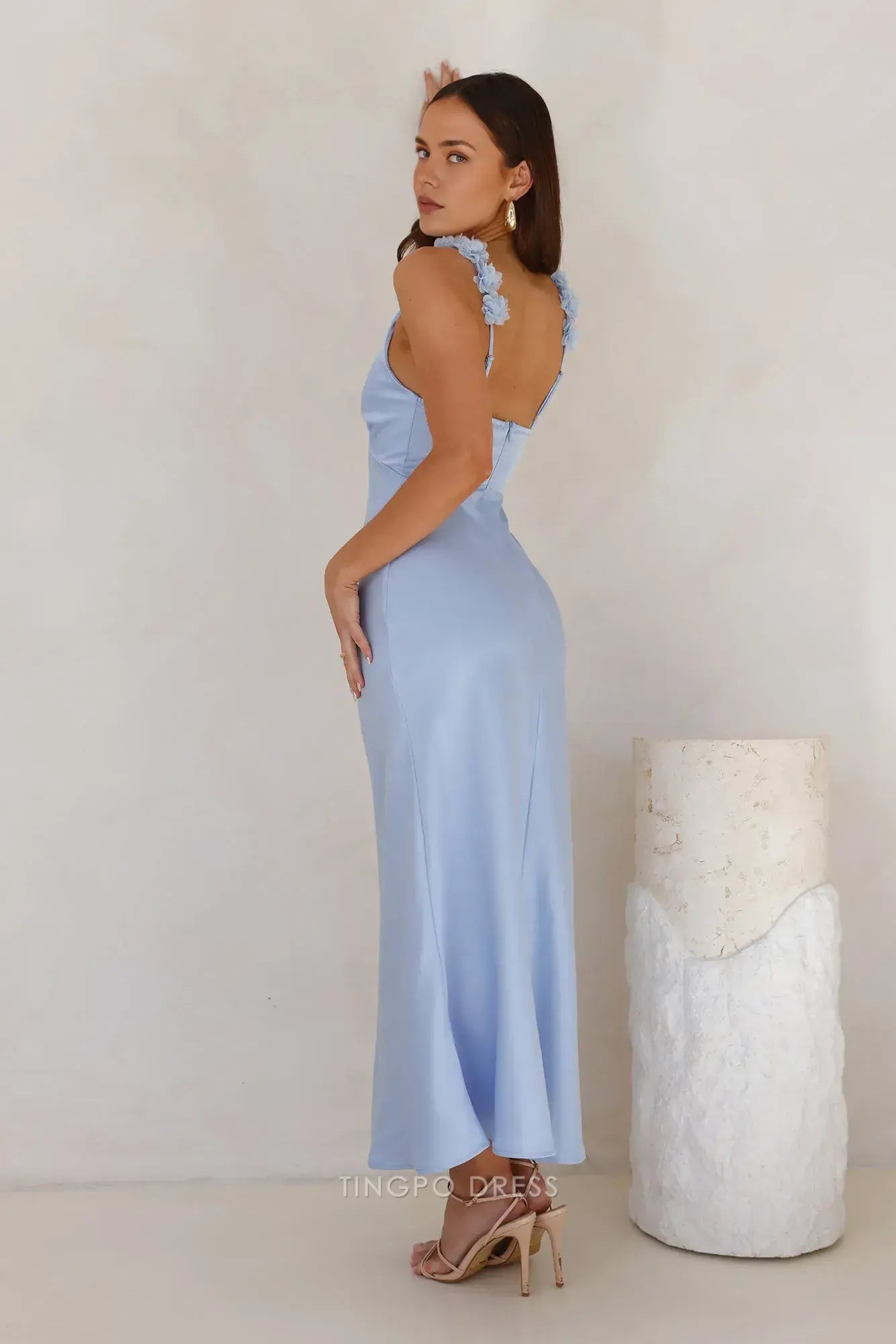 Sheath/Column V Neck Blue Satin Maxi Dress with Floral Straps Prom Dress